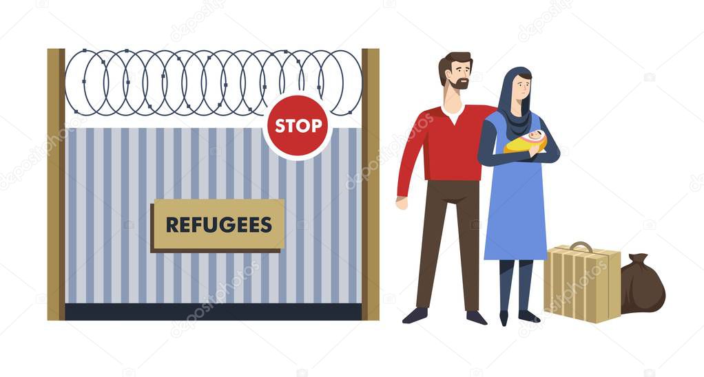 Refugees immigration camp man and woman with child near fence