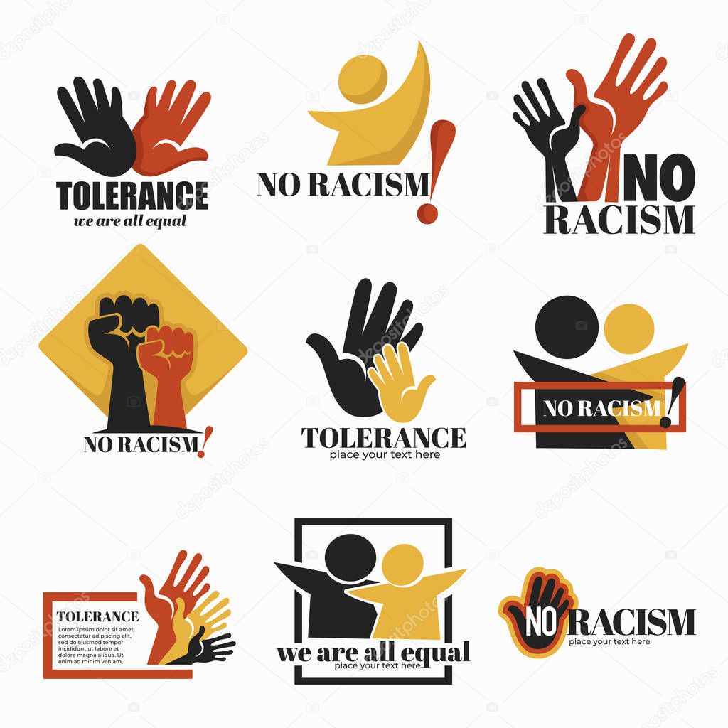 Tolerance and no racism campaign isolated icon vector holding hands palms and fists international love stop discrimination ethnic deplomacy emblem or logo cooperation and acceptance humanity.