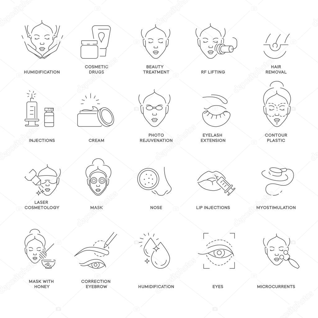 Cosmetology beauty and spa procedure isolated outline icons