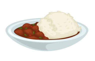 Pirinç ve haşlanmış et kase izole tabak içinde et suyu ile