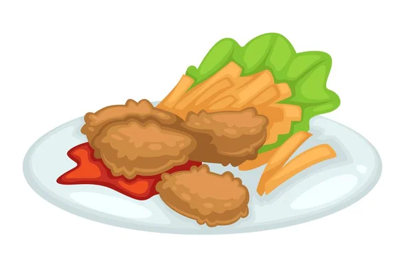 Hähnchenschnitzel mit Pommes Ketchup und Salat auf dem Teller — Stockvektor