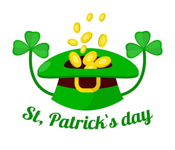Saint Patrick jour vacances pièces d'or en lutin chapeau et trèfle — Image vectorielle
