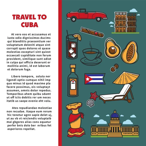 Cuba cartaz de viagem com informações sobre cultura cubana símbolos famosos e marcos de Havana . — Vetor de Stock