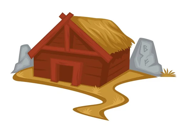 Casa vikinga de madera o cabaña con techo de paja edificio aislado — Vector de stock