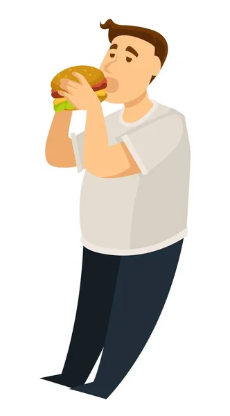 Переедание ожирения человек ест гамбургер толстый парень — стоковый вектор