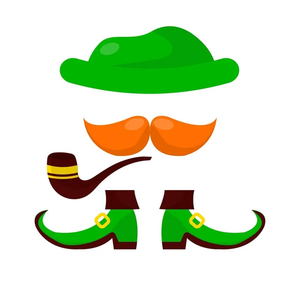 Patricks dag leprechaun hatt mustasch röka pipa och stövlar — Stock vektor