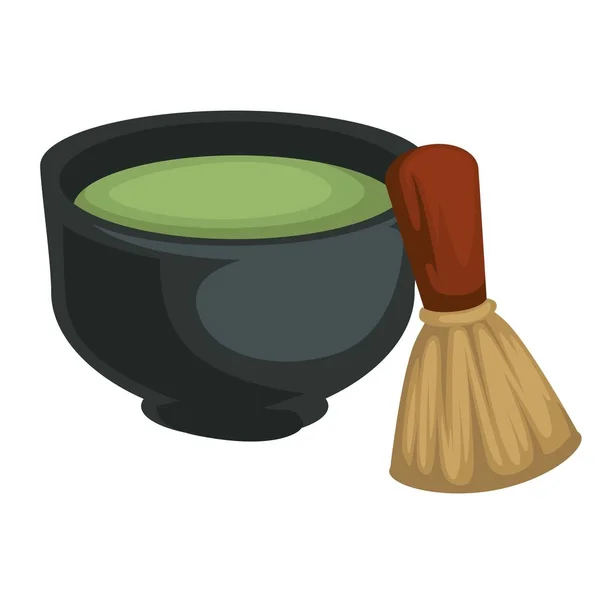 Matcha tea in bowl and bamboo whisk Japanese powder drink — Stock Vector