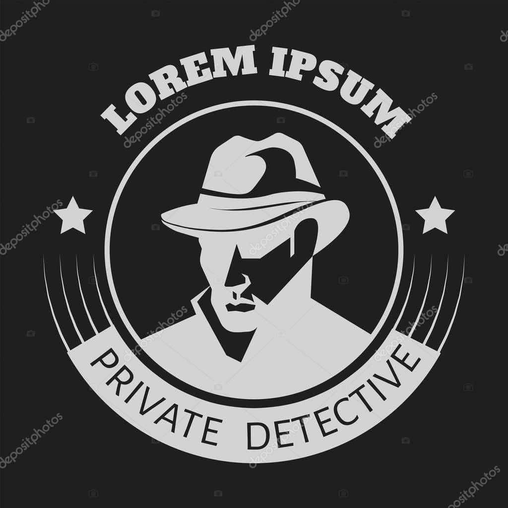 Private detective logo of vector man in hat for investigation service agency or secret spy agent on black background