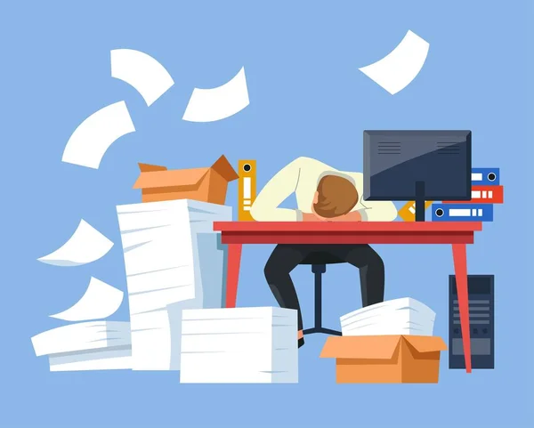 Fatigué homme d'affaires papier bureau pile de documents — Image vectorielle