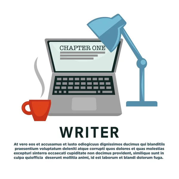 Scrittore professione laptop e lampada tazza di caffè capitolo scrittura — Vettoriale Stock