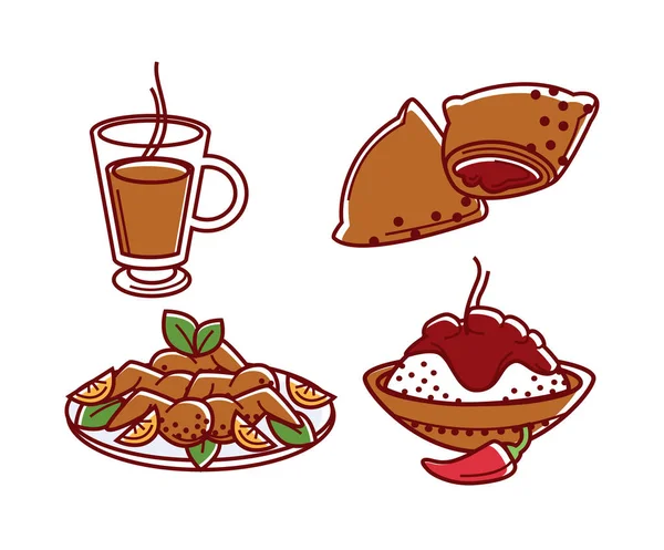食品和饮料咖啡和果酱百吉饼鸡翅和米饭 — 图库矢量图片