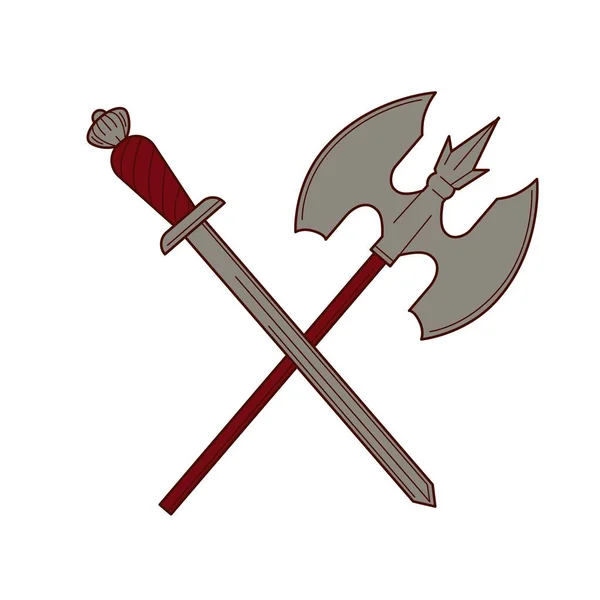 Schwert und Axt isoliert Ritter Waffe König Armee Ausrüstung — Stockvektor