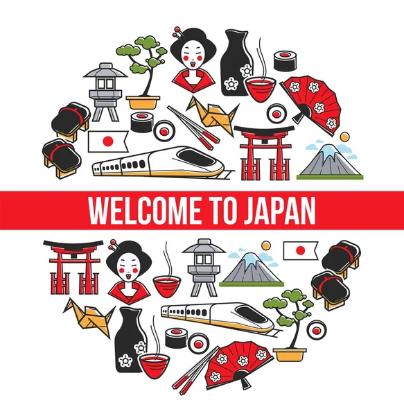 Bienvenue au Japon voyage symboles japonais tourisme culture orientale — Image vectorielle