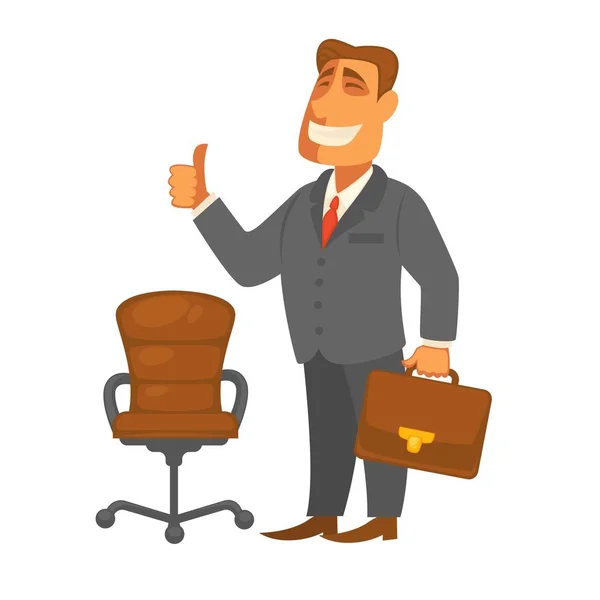 Zakenman in pak en stropdas met lederen aktetas en Bureau stoel — Stockvector