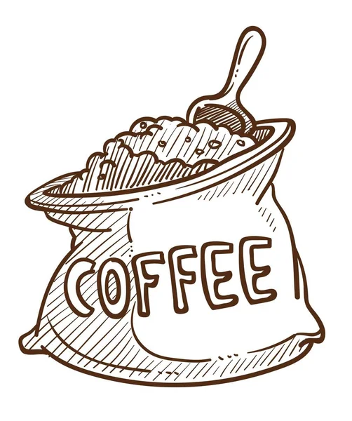 Kaffeebohnen oder Pulver im Sack mit Schaufel isolierte Skizze — Stockvektor
