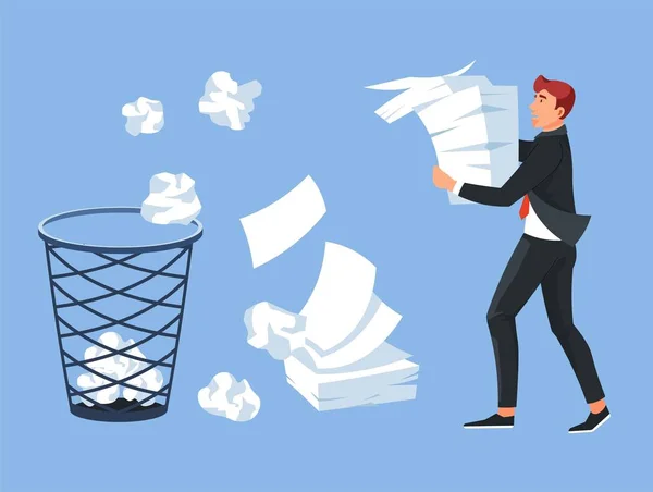Businessman carrying paper pile office trash bin — Stock Vector