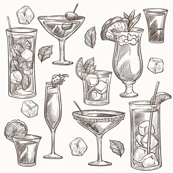 Cocktails isoliert Skizzen Eis und Fruchtscheiben — Stockvektor