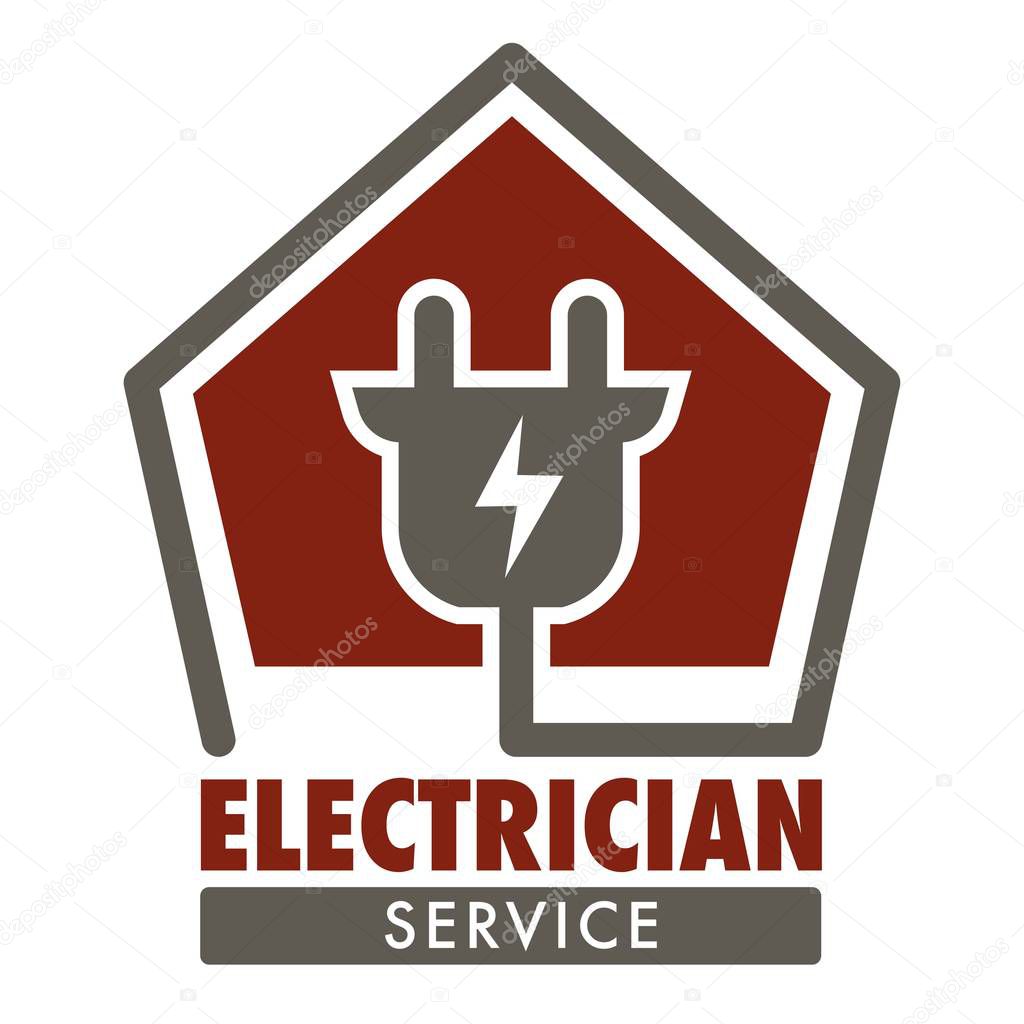Electricity repairing electrician service isolated icon plug and current vector house wiring tension repair works handyman or engineer agency house electrical power home supply emblem or logo.