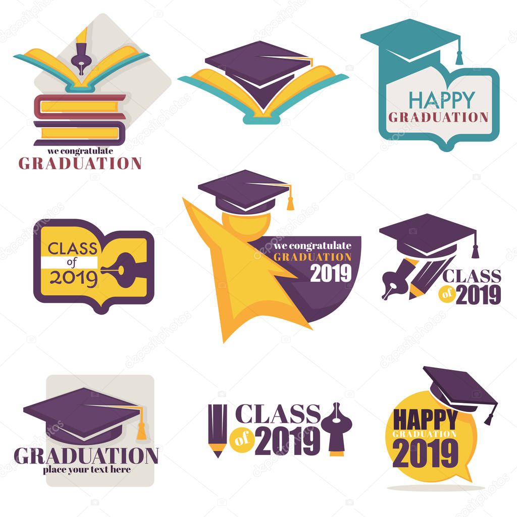Academic hat and books happy graduation isolated icon vector pen and pencil stationery education and knowledge university or college school Bachelors or Masters degree event celebrating congratulation.
