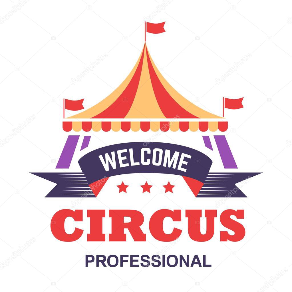 Fun fair circus show isolated icon big top tent vector carnival or fairground entertainment or amusement festival emblem or logo performance with animals and acrobats and clowns striped marquee.