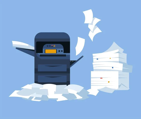 Impresora con escáner y dispositivo de impresión de oficina de pila de papel — Vector de stock