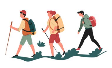 Yürüyüşçüler veya Backpackers yürüyüş erkek ve kadın spor veya açık hava aktivitesi