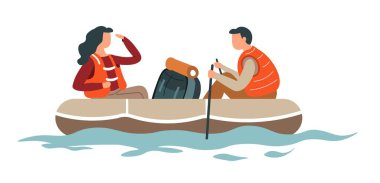 Rafting veya yürüyüş adam ve kadın çift sırt çantası ve tekne
