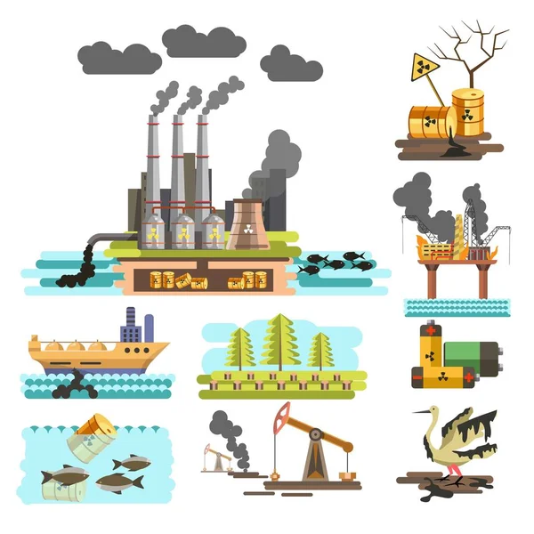 Umweltverschmutzung ökologische Problembetriebe und Fabriken Schiff und Entwaldung — Stockvektor