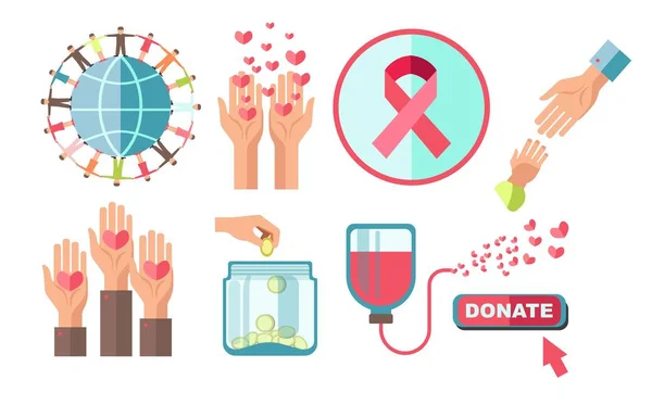 Caridade e doação de sangue ajuda médica e financeira ícones isolados —  Vetores de Stock