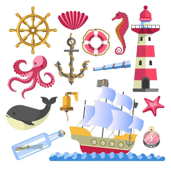 Marine symbols underwater animals and ship with beacon — Stock Vector