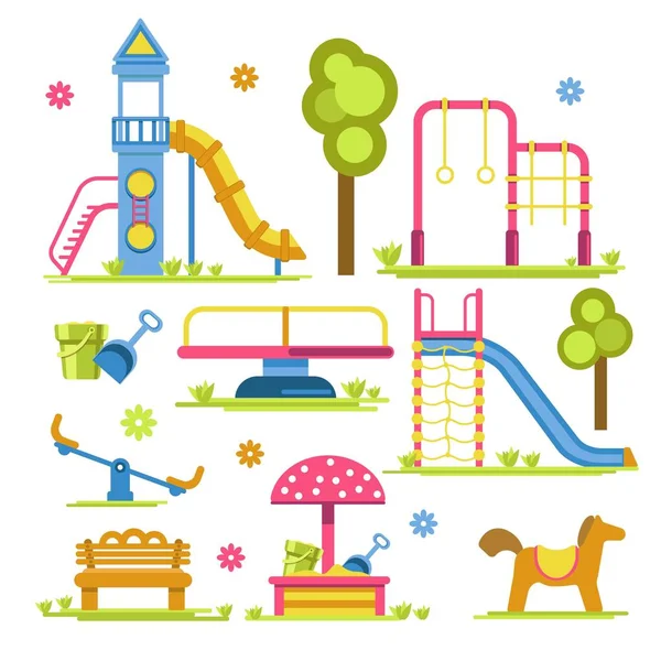 Aire de jeux pour enfants toboggan et bac à sable balançoire et manège — Image vectorielle