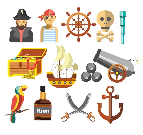 Pirates treasure and ship navy equipment marine criminals — Stock Vector