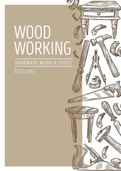 Wood working carpentry tools and handmade wooden goods — Stock Vector