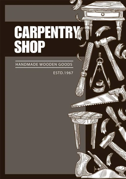Carpentry shop handmade wooden goods woodwork tools — Stock Vector