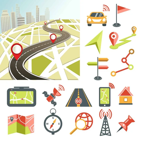 Nawigacja Mapa drogi i kierunku nawigacyjne symbole i Nawigator aplikacja — Wektor stockowy