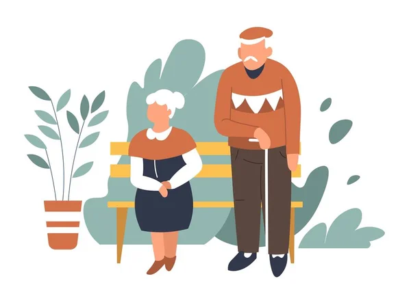 Весенний парк пожилая пара на скамейке мужчин и женщин — стоковый вектор