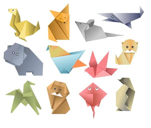 Origami papel animales asiático arte o hobby doblado hojas — Vector de stock