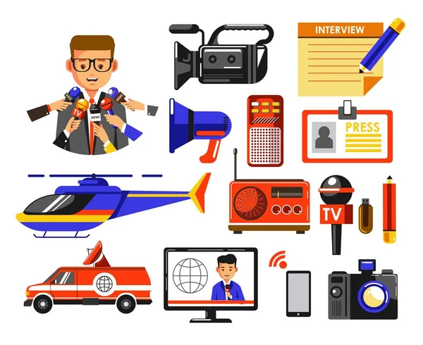 News show equipment journalist reportage broadcasting and shooting — Stock Vector