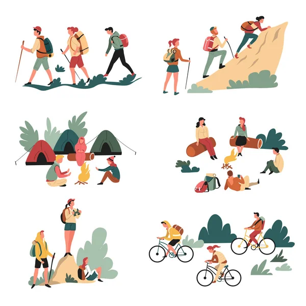 Senderismo actividad al aire libre camping y bicicletas a pie y fogata — Vector de stock