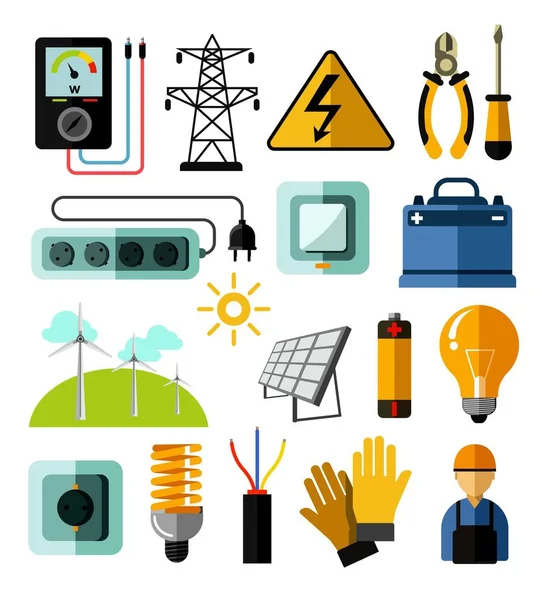 Eletricidade equipamentos de geração de energia e ferramentas de baterias —  Vetores de Stock