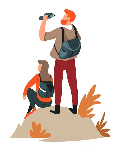 Adam ve kadın çift yürüyüş aktif yaşam tarzı backpacking — Stok Vektör