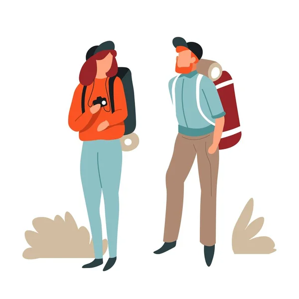 Senderistas pareja hombre y mujer con mochilas y cámara fotográfica — Vector de stock