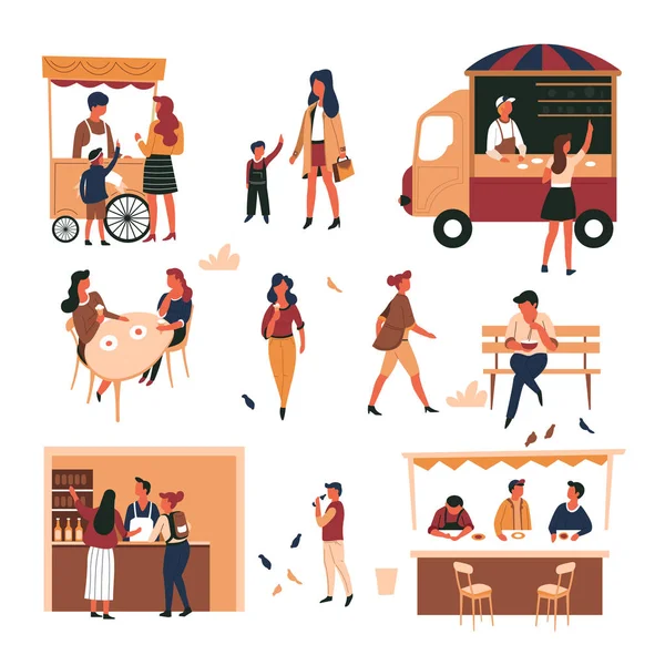 街道食品手推车和卡车咖啡厅和带帐篷的商店柜台 — 图库矢量图片