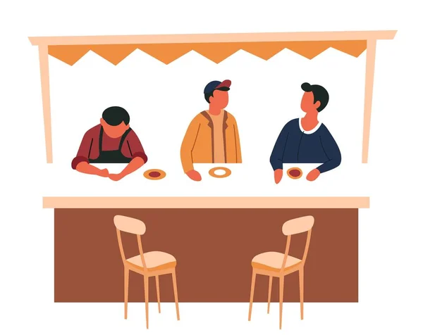 Contador de comida callejera y taburetes de bar de tienda vendedores masculinos — Vector de stock