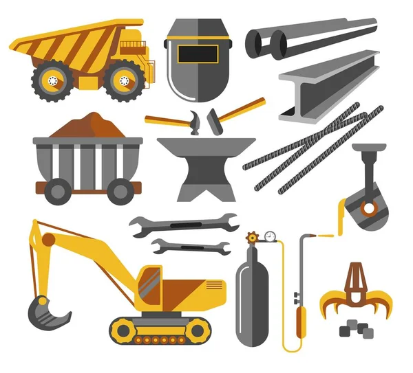 Minería de hierro equipos y herramientas productos metálicos — Vector de stock