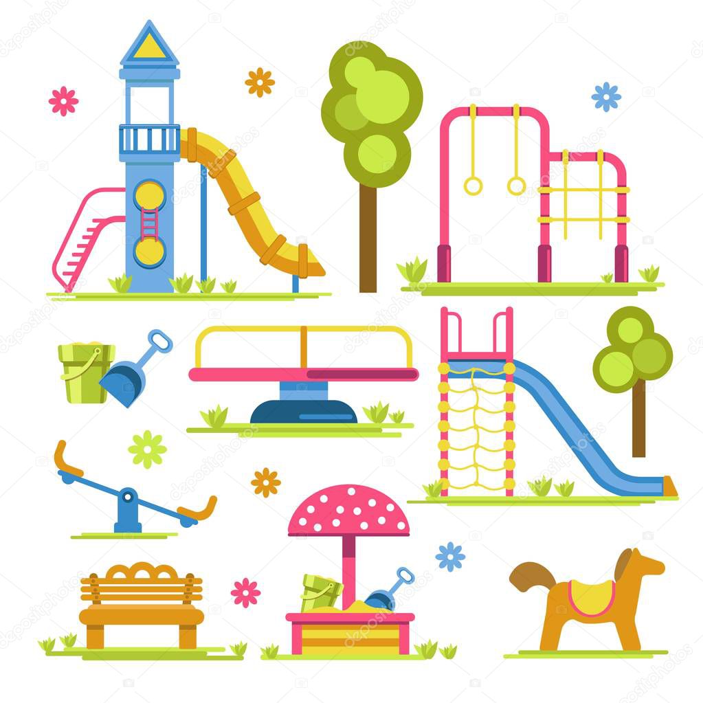 Children playground slide and sandbox seesaw and merry-go-round