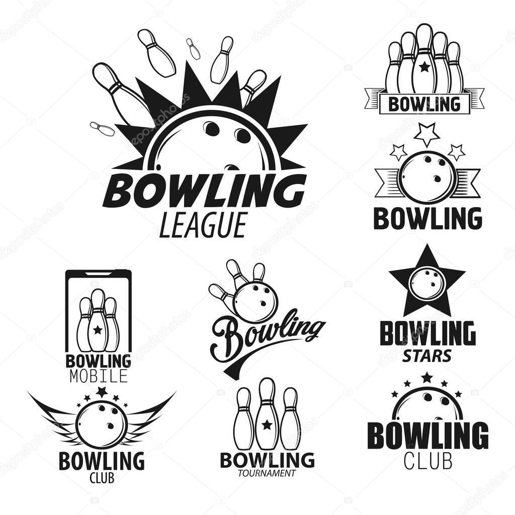 Skittles and ball bowling league isolated monochrome icons vector sport tournament or competition strike or score hobby and leisure sporting equipment championship emblem or logo game or entertainment.