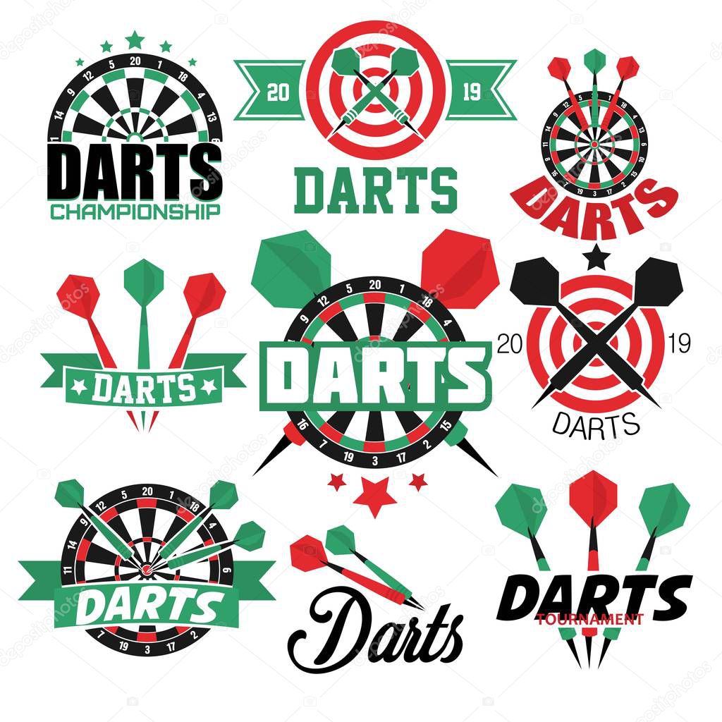 Aim or target darts game isolated icons sport accuracy competition or tournament emblem or logo dartboard and arrow score circles win championship or bar entertainment sporting contest hobby.