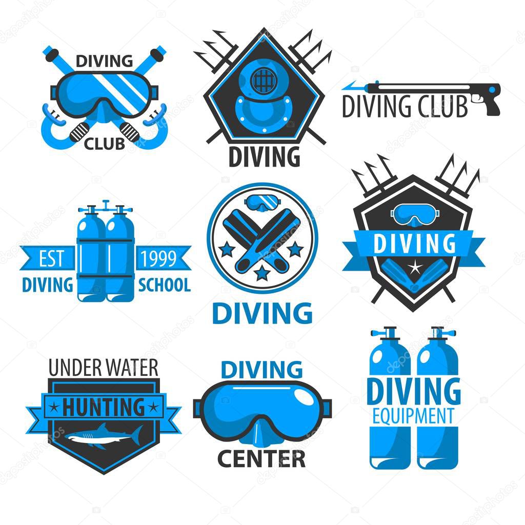 Underwater swimming equipment diving club isolated icons vector mask and harpoon oxygen balloons and flippers breathing tube and helmet Poseidon trident emblems or logo hobby and sport shark hunting.