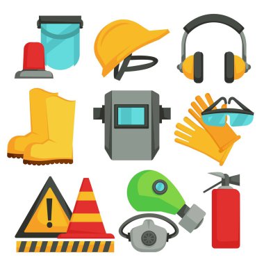 Bina veya inşaat ve kaynak koruyucu ekipman emniyet öğeleri gaz maskesi vektör alarm ve hardhat veya kask kulaklık ve lastik çizmeler gözlük ve eldiven önlem işaretler distinguisher yangın.